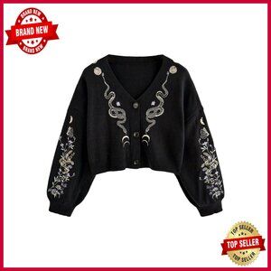 Women's Chunky Boho Cardigan, Floral Embroidery, Loose Fit, V-Neck, Button Up